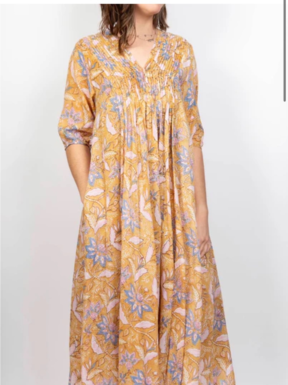 Dolma Mustard Floral Midi Dress with Lilac Accents